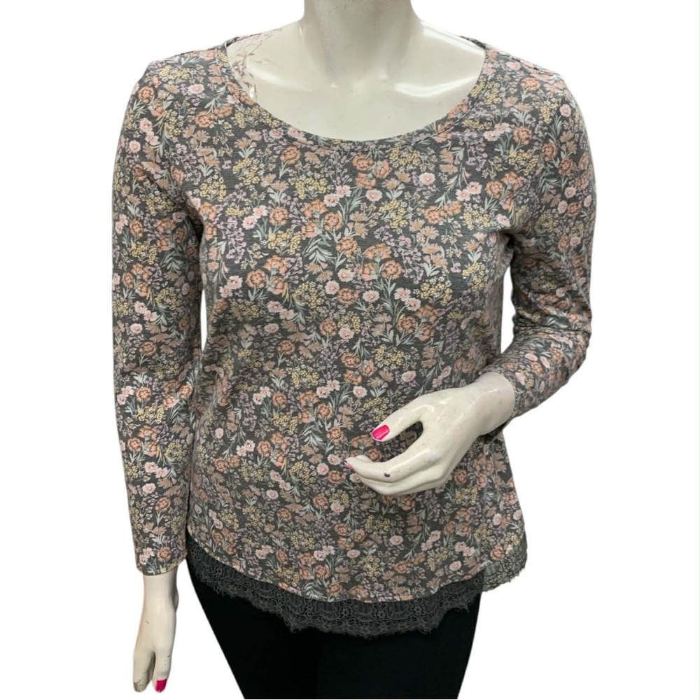 LC Lauren Conrad Floral Long Sleeve Top - Pink and Gray Size L